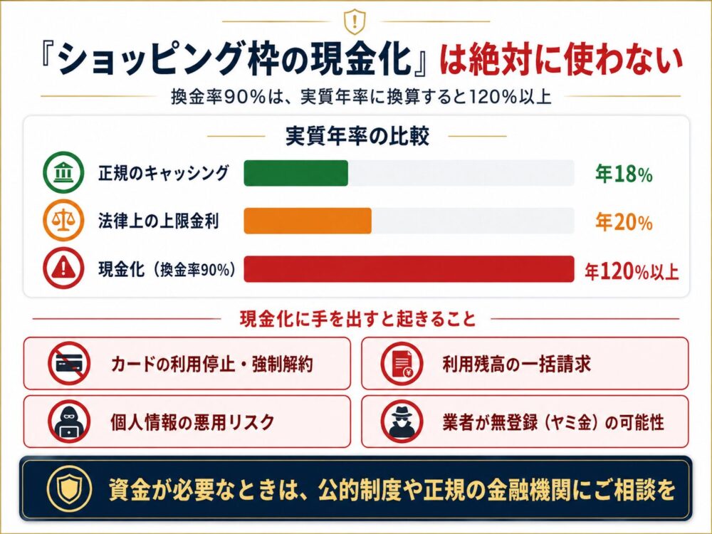 クレジットカード現金化の危険性|実質年率120%以上、強制解約や一括請求のリスク