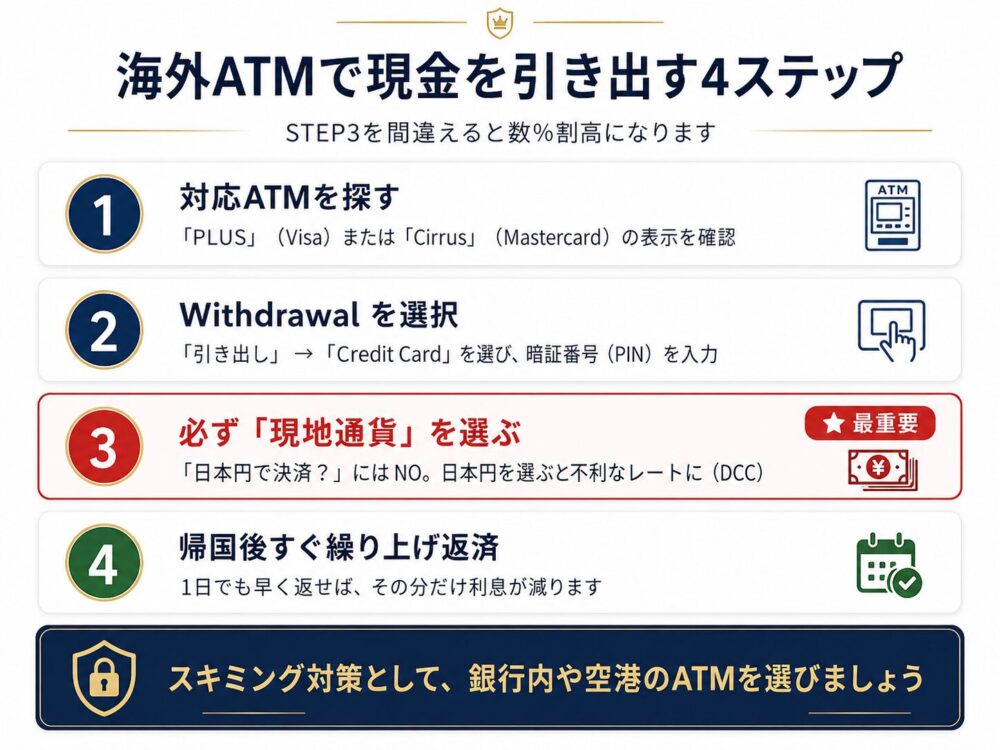 海外ATMで現金を引き出す4ステップ|必ず現地通貨を選択する