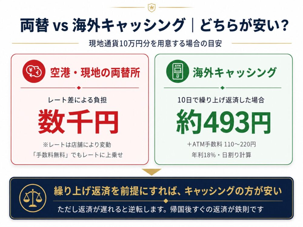 両替と海外キャッシングのコスト比較|10万円分で数千円 vs 約493円
