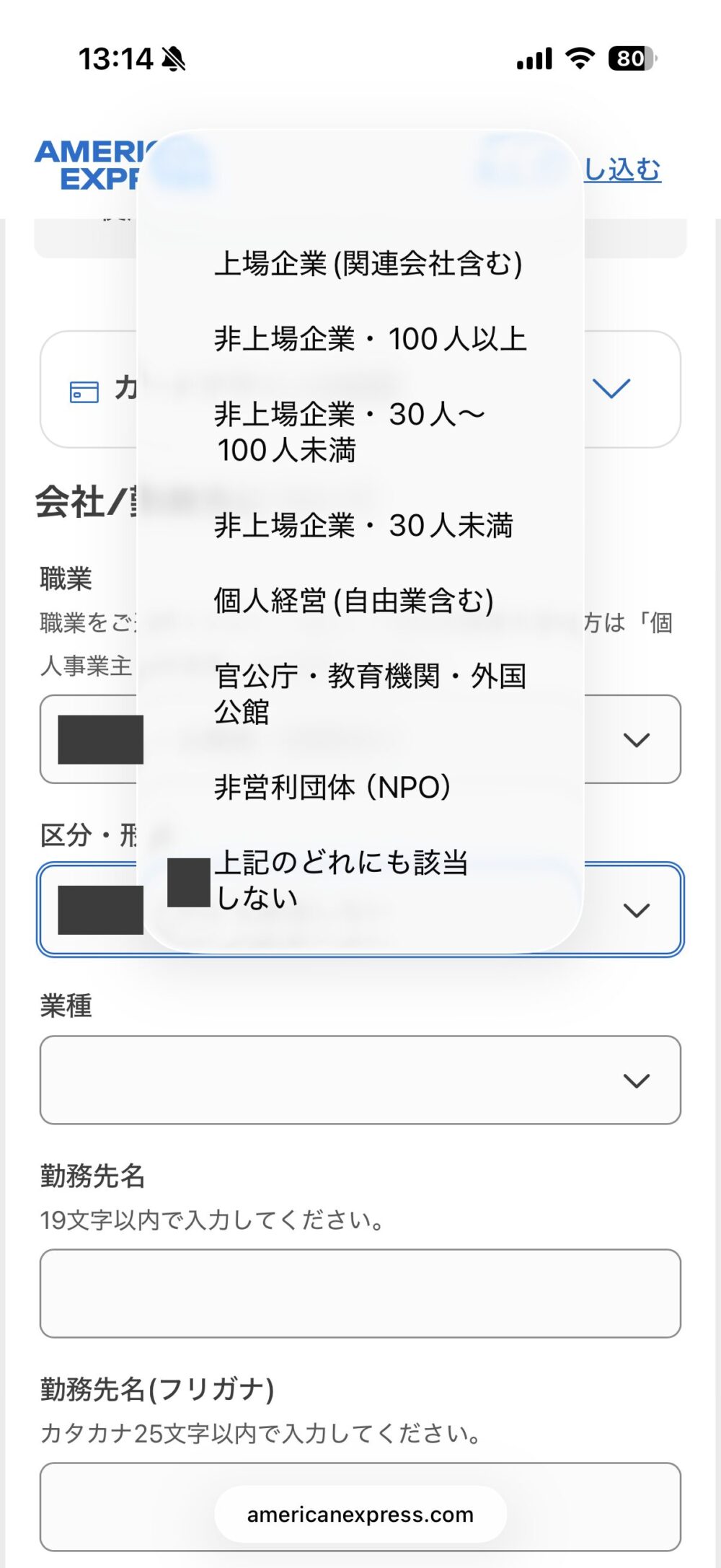 区分・形態の選択肢(上場企業、非上場企業の規模、官公庁など)